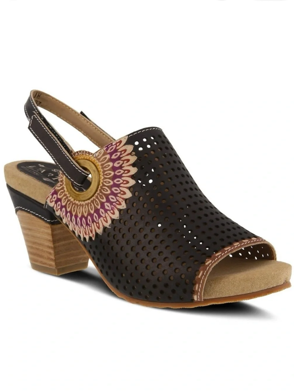 Perforated Slingback Block Heel Sandal in Black with Decorative Medallion